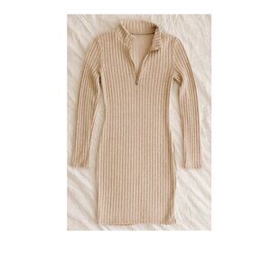 Beige Ribbed Knit Half-Zip Sweater Dress – Long Sleeve Casual/Chic